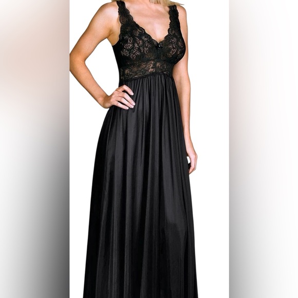 2- Shadowline Women's Nightgown Black Long Lace Bodice Silhouette Silky Nylon  L - Picture 3 of 16